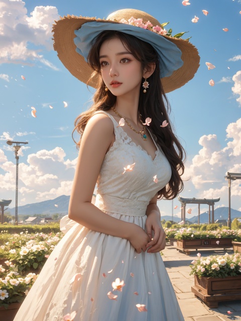  masterpiece, 1 girl, 18 years old, Look at me, long_hair, straw_hat, Wreath, petals, Big breasts, Light blue sky, Clouds, hat_flower, jewelry, Stand, outdoors, Garden, falling_petals, White dress, textured skin, super detail, best quality, HUBG_Rococo_Style(loanword), (\shen ming shao nv\)