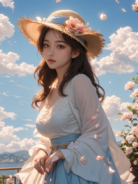  masterpiece, 1 girl, 18 years old, Look at me, long_hair, straw_hat, Wreath, petals, Big breasts, Light blue sky, Clouds, hat_flower, jewelry, Stand, outdoors, Garden, falling_petals, White dress, textured skin, super detail, best quality, HUBG_Rococo_Style(loanword), (\shen ming shao nv\)