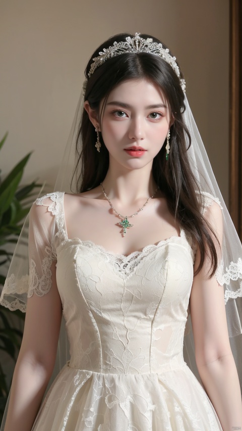  (beautiful, best quality, high quality, masterpiece:1.3)
,solo, solo focus,
huge breasts,Oval face, Water snake waist, big tits,big eye,
(green lace wedding dress:1.39), veil, wedding gloves, holding flowers,Crystal Earring, Crystal Necklace,
(no background),18yo girl, 1girl