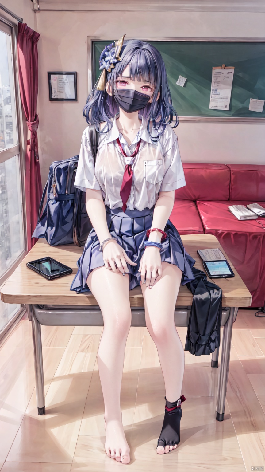  Masterpiece,best quality,1 girl,pink eyes,pointy ears,school uniform,(large chest),short ear hair,alternative clothing,lavender skirt,fringe,looking at the audience,blush,bag,symbolic pupils,short purple hair,bracelet,shirt,fringe,contemporary,braid,pleated skirt,lavender skirt,white shirt,dark purple tie,collared shirt,(in the classroom),(Full length),(sitting on a table),(Lift legs, spread legs, ),(pubic area with love tattoos, lavender pubic hair),(bare feet, delicate bare feet),raiden shogun,the book between the legs,holding a backpack,