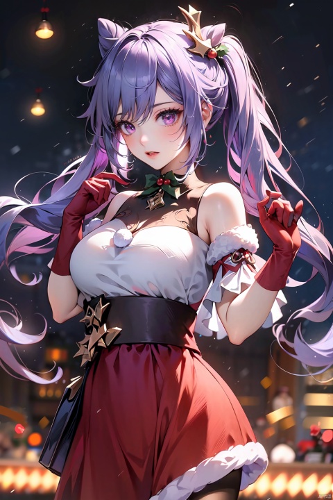  1girl,solo,keqing,cowboy_shot,christmas costumes,long hair,twintails,hair rings,hair ornament,looking at viewer,purple eyes,purple hair,open mouth,best quality,masterpiece,ultra high res,Christmas,