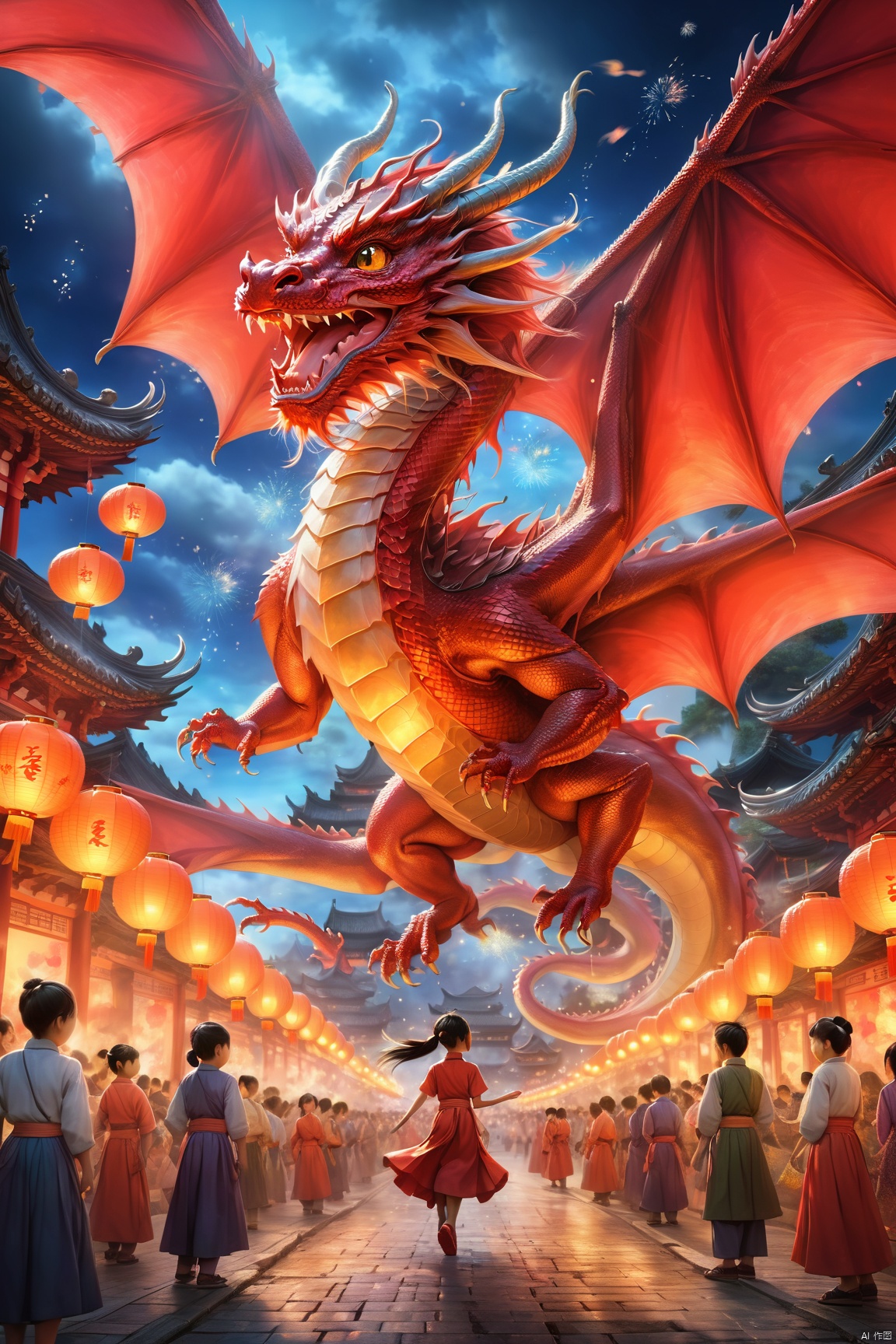  The painting presents a scene full of festive atmosphere. In the center of the picture, a red dragon rises in the air, its scales shining like flames dancing. The dragon's eyes are bright, and the corners of his mouth are slightly turned, as if he were laughing. The dragon's posture is strong, like a lightning across the sky, giving people a strong visual impact. In front of the dragon, a girl in a red dress holds fireworks in her hand and jumps merrily. The red dress is fluttering in the wind, and the red dragon is set against each other. The girl's face was filled with a happy smile, as if celebrating some happy event. Her eyes shone like stars, and she looked forward to the future. The background of the picture is a lively street, lanterns are hung high, and the festive atmosphere permeates every corner. The houses, streets and people in the distance are all looming, forming a strong contrast with the dragons and girls in the foreground, making the picture more vivid and three-dimensional.
1 girl and 1 dragon,full body,
render,technology, (best quality) (masterpiece), (highly detailed), 4K,Official art, unit 8 k wallpaper, ultra detailed, masterpiece, best quality, extremely detailed, dynamic angle,atmospheric,highdetail,exquisitefacialfeatures,futuristic,sciencefiction,CG, cute animal