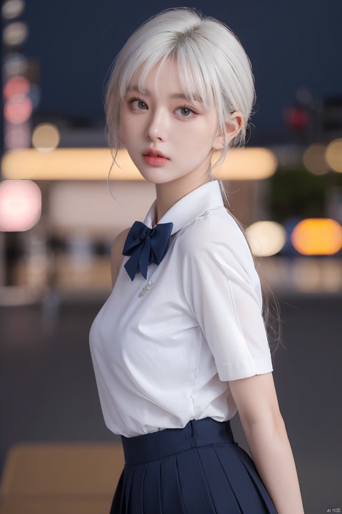  1girl,(8k, RAW photo, best quality, masterpiece:1.3),(realistic,photo-realistic:1.37),(night),(looking at viewer:1.331),(white hair),posing,Tokyo street,nightcityscape, , cyberpunk city,soft light,1girl,extremely beautiful face,bust,put down hands,Random hairstyle,Random expression,big eyes, ,lower abdomen,(short-sleeved 
JK_shirt),JK_style,(dark blue JK_skirt) ,(bow JK_tie),mix4, an extremely delicate and beautiful girl, depth of field, blurry background, blurry foreground, delicate, beautiful, beautiful face, beautiful eyes, beautiful girl, delicate face, delicate girl, 8k wallpaper,(best quality:1.12),(detailed:1.12),(intricate:1.12),(ultra-detailed:1.12),(highres:1.12), hyper detailed,ultra-detailed, high resolution illustration, colorful, 8k wallpaper, highres, Cinematic light, ray tracing, (8k, RAW photo, best quality, masterpiece, ultra highres, ultra detailed:1.2), (realistic, photo-realistic:), HUBG_Beauty_Girl