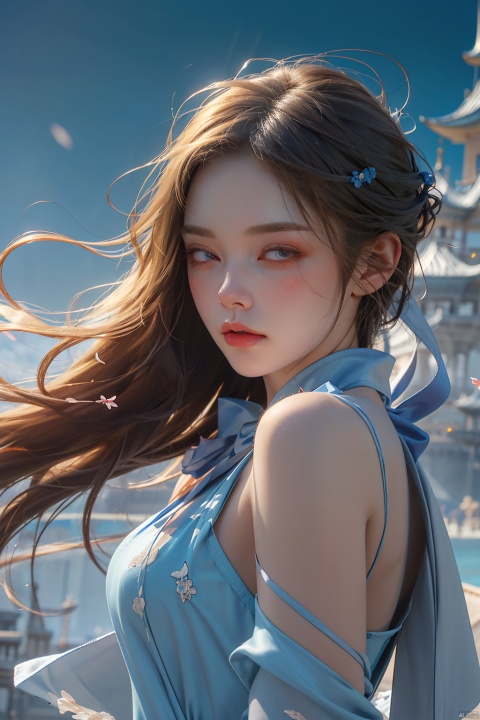  (((masterpiece))),best quality, illustration,(beautiful detailed girl),beautiful detailed glow,detailed ice,beautiful detailed water,(beautiful detailed eyes),expressionless,(floating palaces),azure hair,disheveled hair,long bangs, hairs between eyes,(skyblue dress),black ribbon,white bowties,midriff,{{{half closed eyes}}},big forhead,blank stare,flower,large top sleeves