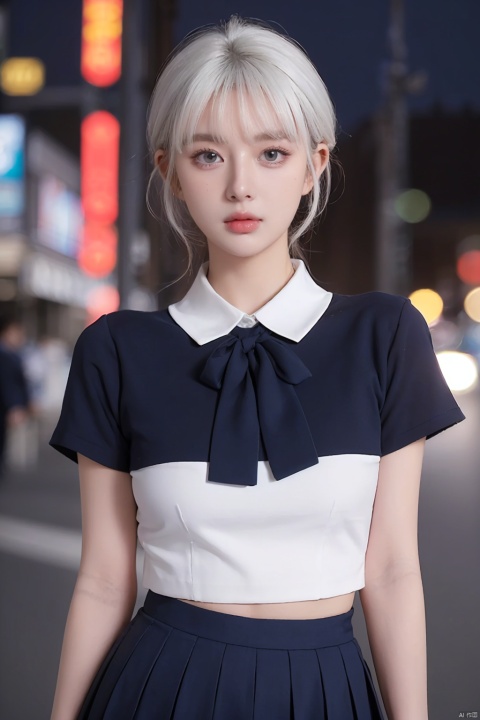  1girl,(8k, RAW photo, best quality, masterpiece:1.3),(realistic,photo-realistic:1.37),(night),(looking at viewer:1.331),(white hair),posing,Tokyo street,nightcityscape, , cyberpunk city,soft light,1girl,extremely beautiful face,bust,put down hands,Random hairstyle,Random expression,big eyes, ,lower abdomen,(short-sleeved 
JK_shirt),JK_style,(dark blue JK_skirt) ,(bow JK_tie),mix4, an extremely delicate and beautiful girl, depth of field, blurry background, blurry foreground, delicate, beautiful, beautiful face, beautiful eyes, beautiful girl, delicate face, delicate girl, 8k wallpaper,(best quality:1.12),(detailed:1.12),(intricate:1.12),(ultra-detailed:1.12),(highres:1.12), hyper detailed,ultra-detailed, high resolution illustration, colorful, 8k wallpaper, highres, Cinematic light, ray tracing, (8k, RAW photo, best quality, masterpiece, ultra highres, ultra detailed:1.2), (realistic, photo-realistic:), HUBG_Beauty_Girl