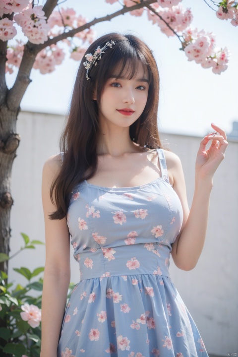  (best quality), ((masterpiece)), (highres), illustration, original, extremely detailed wallpaper.dbj, 1girl, solo, dress, hair ornament, blue hair, hair flower, long hair, looking at viewer, flower, photo background, outdoors, (pink dress:1.3), smile, floral print, brown eyes, print dress, hair between eyes, hairclip, pink flower, bangs, day, hand up,(big breasts:1.46)