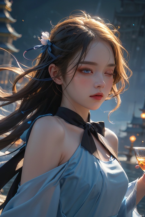  (((masterpiece))),best quality, illustration,(beautiful detailed girl),beautiful detailed glow,detailed ice,beautiful detailed water,(beautiful detailed eyes),expressionless,(floating palaces),azure hair,disheveled hair,long bangs, hairs between eyes,(skyblue dress),black ribbon,white bowties,midriff,{{{half closed eyes}}},big forhead,blank stare,flower,large top sleeves