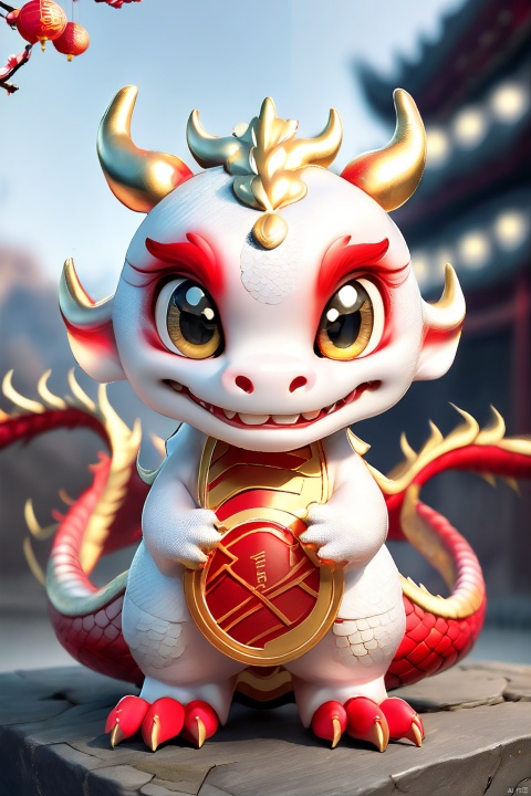  A Chinese dragon with a cute round face, smile:0.8,focus, A gentle gaze:0.9,dragon horns, claws, dragon tail, clear hair, scales, standing posture, red and gold, Chinese Spring Festival, festive, facing the camera: 1,Centered composition, realistic, and textured,