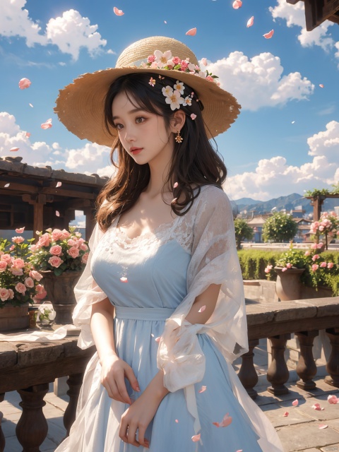  masterpiece, 1 girl, 18 years old, Look at me, long_hair, straw_hat, Wreath, petals, Big breasts, Light blue sky, Clouds, hat_flower, jewelry, Stand, outdoors, Garden, falling_petals, White dress, textured skin, super detail, best quality, HUBG_Rococo_Style(loanword), (\shen ming shao nv\)