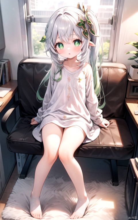  best_quality, extremely detailed details, simple,clean_picture, loli,solo,1 girl,full_body,
pretty face,extremely delicate and beautiful girls,(beautiful detailed eyes),green_eyes,white_hair,very_long_hair,
office_room,(((shirt))),only_shirt,bare_legs,bare_foots,no_dress,no_ trousers,no_pants,
nahida (genshin impact), , nahida (genshin impact), , , ,