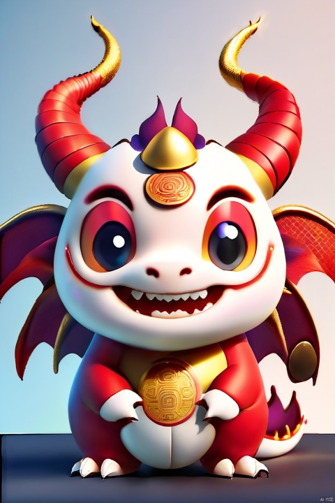  A Chinese dragon with a cute round face, smile:0.8,focus, A gentle gaze:0.9,dragon horns, claws, dragon tail, clear hair, scales, standing posture, red and gold, Chinese Spring Festival, festive, facing the camera: 1,Centered composition, realistic, and textured,