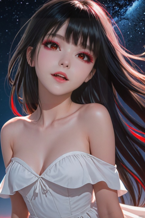 fangs_out_xl, 1girl, solo, long hair, dress, white dress, black hair, collarbone, bare shoulders, bangs, looking at viewer, eyebrows visible through hair, bare arms,sleeveless, red eyes,  colored eyelashes,
from below, night sky, night, star \(sky\), close-up,
intricate detail, cinematic lighting, amazing quality, amazing shading, detailed Illustration, official artwork, wallpaper, official art,
(masterpiece, best quality:1.2), extremely detailed face and eyes, beautiful detailed eyes,
, Fangs out