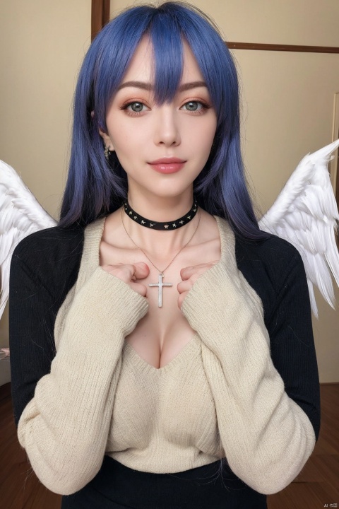  1girl, dance, Fairy, crystal, jewels,black, wings,Holy Light,As white as rosy clouds, 
1girl, solo, long hair, looking at viewer, blush, bangs, blue eyes, hair ornament, long sleeves, hair between eyes, jewelry, sitting, very long hair, closed mouth, blue hair, earrings, wings, choker, virtual youtuber, necklace, star \(symbol\), sweater, sleeves past wrists, black choker, halo, cross, feathered wings, puffy long sleeves, angel wings, star hair ornament, white wings, angel, star earrings, cross necklace, latin cross, star necklace, BY MOONCRYPTOWOW, MUSCULAR FEMALE, CN GIRL5,HALO,PHYCHEDELIC