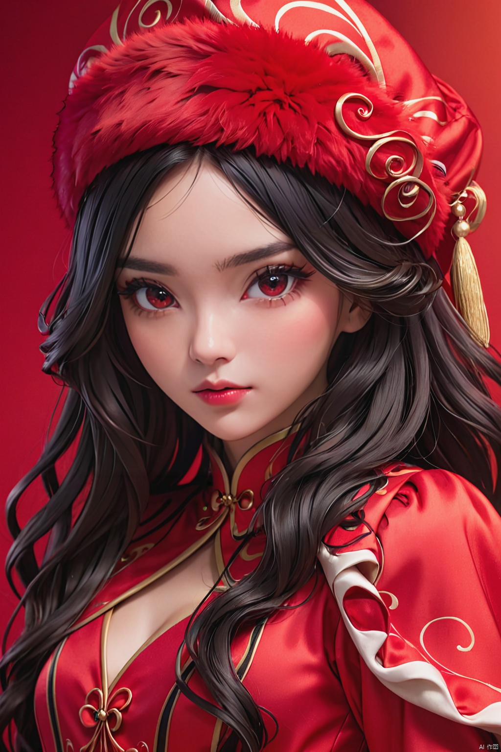  masterpiece, best quality, 1girl, red background, black hair, Long curly hair, face front, ((red fashion silk lone costume with red swirling vortexes pattern)), ((Red Plush Fur Hat)), emotional face, (close up portrait), make up, studio light, studio, ((poakl)), poakl ggll girl