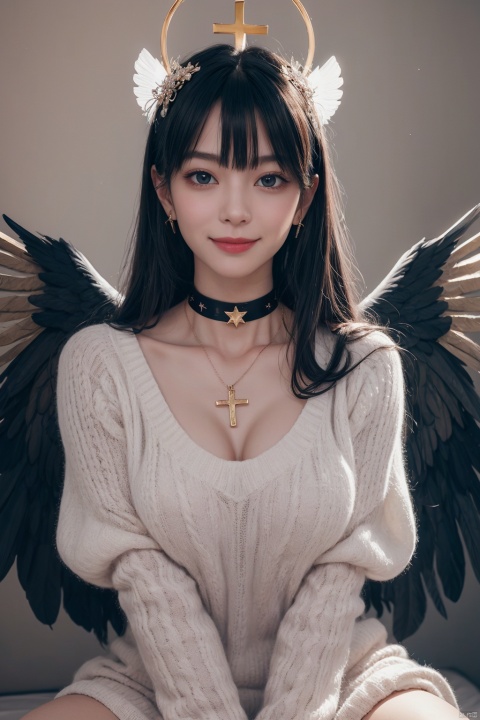  1girl, dance, Fairy, crystal, jewels,black, wings,Holy Light,As white as rosy clouds, 
1girl, solo, long hair, looking at viewer, blush, bangs, blue eyes, hair ornament, long sleeves, hair between eyes, jewelry, sitting, very long hair, closed mouth, blue hair, earrings, wings, choker, virtual youtuber, necklace, star \(symbol\), sweater, sleeves past wrists, black choker, halo, cross, feathered wings, puffy long sleeves, angel wings, star hair ornament, white wings, angel, star earrings, cross necklace, latin cross, star necklace, BY MOONCRYPTOWOW, MUSCULAR FEMALE, CN GIRL5,HALO,PHYCHEDELIC, EXTREMELY MUSCULAR