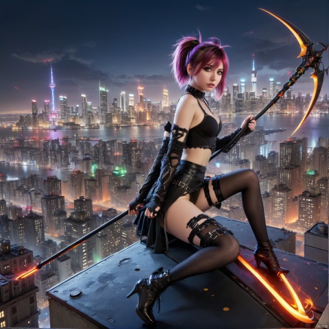  A girl in black stockings sits on the roof, Overlooking the whole city, The style is neon punk, anime style, realistic techniques, bugcore, jump cuts, new operations, fire core, wielding a scythe