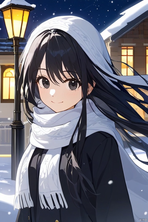 (masterpiece),(best quality),(amazing),finely detailed,depth of field,(extremely detailed cg unity 8k wallpaper),(((1girl))),student,((beautiful detailed face)),((gorgeous detailed eyes)),((black eyes)),(((gorgeous detail face))),(((close to viewer))),(((white scarf over mouth))),small breast,((long hair)),(pick and dye black hair),(flowing hair),((black school uniform)),((snowing)),(smile),((beautiful detailed modern city background)),((street lamp)),(((starry night background))),