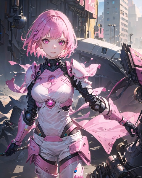 1 royal sister +(detailed face)+ pink short hair + pink eyes + Sa + sci-fi wind + mechanical armor