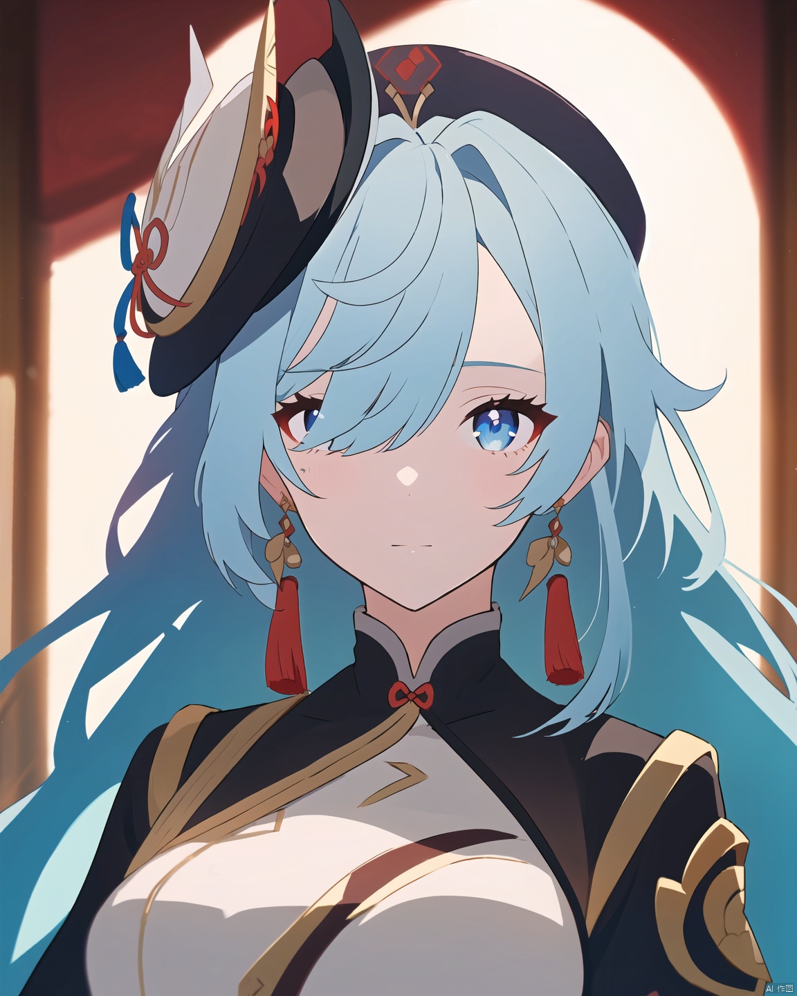 shenhe,genshin impact+ Detailed face +,1girl,solo,long hair,(headwear:1.3),blue eyes,looking at the audience,tassel earrings,hair covering one eye,bangs,virgin_killer_sweater+