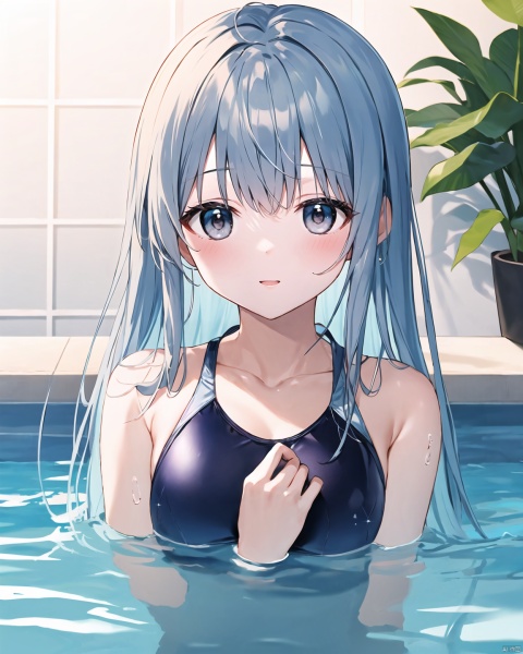 In the pool +/+ upper body showing + cute + detailed delicate features + delicate deep eyes + colorful hair color + two Bao head shape + indoor + swimsuit + cute