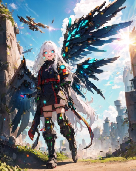 1 18-year-old beautiful girl +(detailed face)+ white hair + long hair + bangs + sunny and cheerful + blue pupils + mechanical legs + boots + wings Apocalyptic + sci-fi mechanical wings with fan +More details + color + lens flare