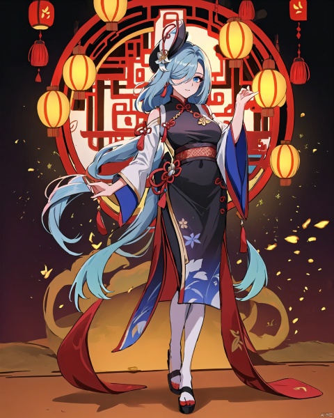 shenhe,genshin impact,a mature woman,solo,long hair,(headwear:1.3),blue eyes,looking at the audience,tassel earrings,hair covering one eye,bangs,virgin_killer_sweater, Cheongsam + Spring Festival + lanterns + fireworks + open screen+full body