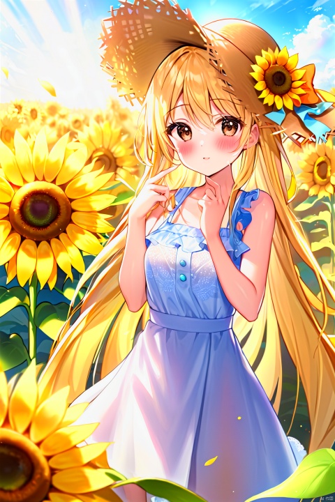 1girl, solo, looking at the audience,long hair, looking at viewer, blush, blonde hair, bow, brown eyes, very long hair+ HD 8K+ Sunflower field + summer + atmosphere + backlight ++ one hand adjustment straw hat + beautiful features + beautiful + slip dress + short skirt + looking at the audience