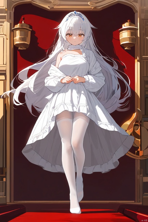 (HD+8K:1.5)+((masterpiece)),(((best quality))),(ripe:1.2)+(1woman:1.5) white hair+wearing greasy white pantyhose+Knit hip wrap dress+detailed face+standing+full body