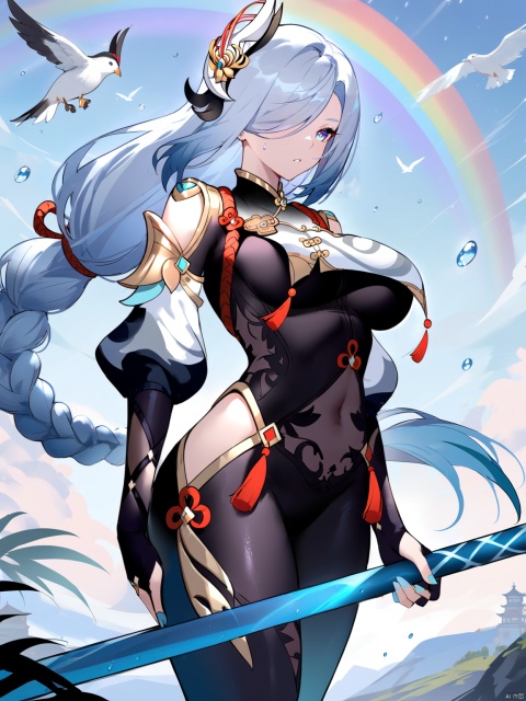 shenhe,genshin impact,1girl,shenhe \(genshin impact\),polearm,weapon,rainbow,bird,rain,solo,long hair,breasts,braid,covered navel,hair ornament,outdoors,blue eyes,braided ponytail,bodysuit,large breasts,tassel,hip vent,breast curtain,hair over one eye,sky,holding,cloud,parted lips,very long hair,black bodysuit,grey hair,bangs,gloves,spear,holding polearm,holding weapon,water drop,, masterpiece, best quality, hybrid