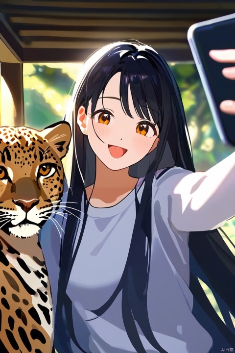 medium shot, long hairs, black hairs, 1girl, solo, in the zoo, excited expression, taking selfie with a leopard, happy, intimate, cheerful, BREAK,
delicate lighting and shadows, motion blur,  best quality, highres, delicate details, analog,