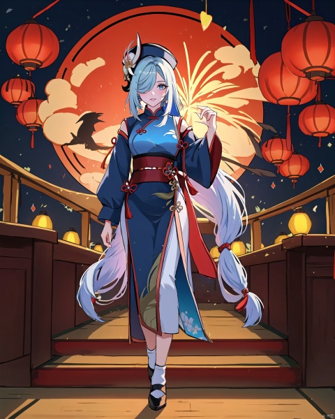 shenhe,genshin impact,a mature woman,solo,long hair,(headwear:1.3),blue eyes,looking at the audience,tassel earrings,hair covering one eye,bangs,virgin_killer_sweater, Cheongsam + Spring Festival + lanterns + fireworks + open screen+full body,无