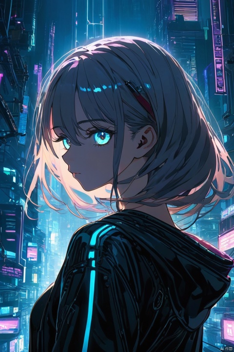 ((best quality)),(( masterpiece )),(( ultra-detailed)),( illustration),( detailed light),( an extremely delicate and beautiful),(( 1girl)),(( solo)),( beautiful detailed eyes), shiny hair,(((cyberpunk city))), light pollution
