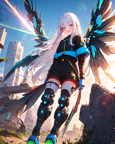 1 18-year-old beautiful girl +(detailed face)+ white hair + long hair + bangs + sunny and cheerful + blue pupils + mechanical legs + boots + wings Apocalyptic + sci-fi mechanical wings with fan +More details + color + lens flare