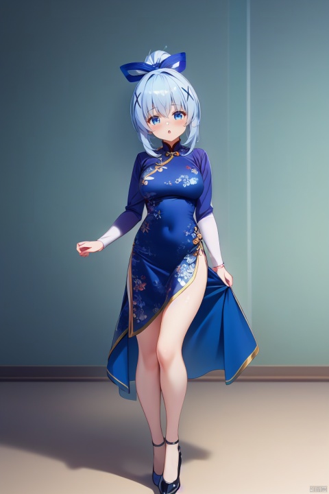 x hair ornament+highres,Amazing,extremely detailed CG,8k wallpaper,ultra-detailed,masterpiece,best quality+kafuu chino,1 girl, light linen blue slightly curly hair, ponytail,dark blue eyes,china dress,High heeled gift shoes,
standing, Spring Festival., kafuu chino