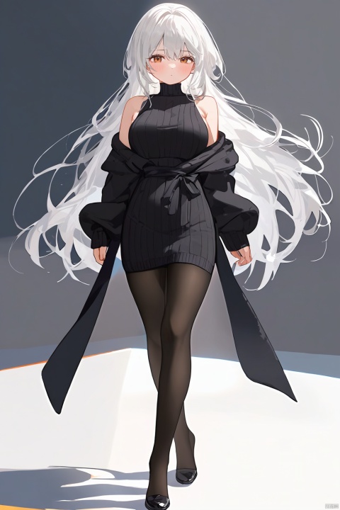 (HD+8K:1.5)+((masterpiece)),(((best quality))),(ripe:1.2)+(1woman:1.5) white hair+wearing greasy black pantyhose+Knit hip wrap dress+detailed face+standing+full body