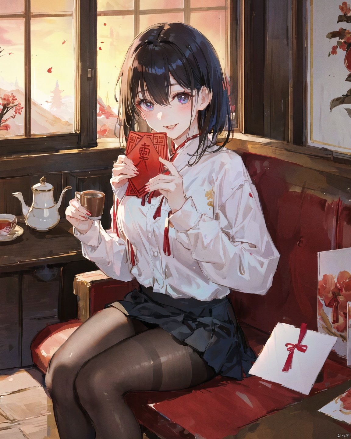 In the atmosphere of the Spring Festival, a realistic girl wearing a glossy black pantyhose with a charming skirt around the buttocks, sitting by the window enjoying the warm smell of tea. She holds a packet of red envelopes filled with blessings and joy in her hands, and shows them to every visiting friend and relative with a smile. Her eyes revealed the expectation and longing for the New Year, and the whole picture was full of aesthetic and hopeful atmosphere. At this special moment, she turned the warmth and blessing into the taste of a cup of milk tea, which made everyone happy and happy