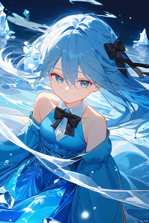 (((masterpiece))),best quality,illustration,(beautiful detailed girl),beautiful detailed glow,detailed ice,beautiful detailed water,(beautiful detailed eyes),expressionless,(floating palaces),azure hair,disheveled hair,long bangs,hairs between eyes,(skyblue dress),black ribbon,white bowties,midriff,{{{half closed eyes}}},big forhead,blank stare,flower,large top sleeves,