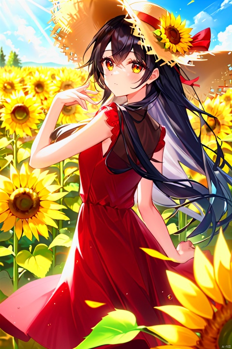 1 girl + HD 8K+ Sunflower field + summer + atmosphere + backlight ++ one hand adjust straw hat + beautiful features + beautiful + black long hair + red + gold beautiful pupil + slip dress + skirt + watching the audience + dynamic + wind floating