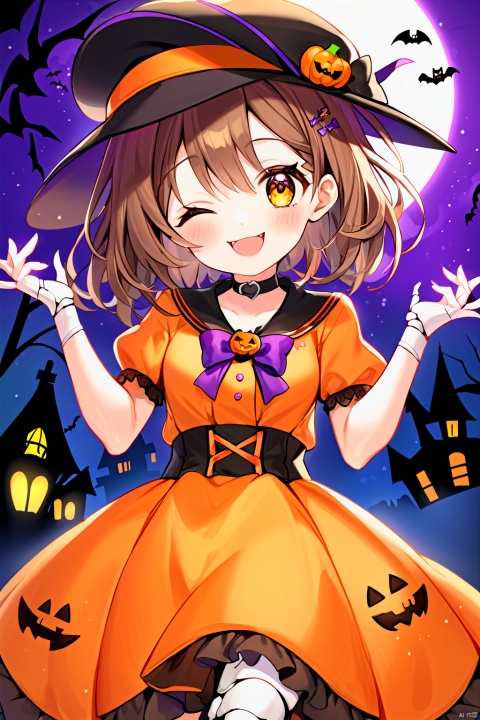 She had waist-length brown hair and wore a black peaked hat to match the Halloween theme. She was wearing an orange dress with a cute bat motif embroidered on the hem. She wore a silver crescent around her neck. She has small bones and fair skin. Her expression is lively, her eyes are bright, and her mouth often seems to wear a broad smile. She was graceful and graceful in her manner. She seemed to be a cheerful and gentle girl who was ready to have a fun Halloween night with her friends.