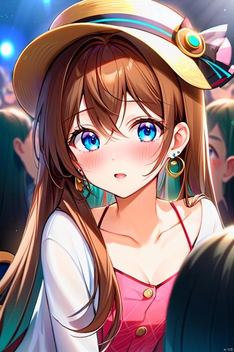 3D+ Realistic + detailed face + earrings +Miku Nakano, 1 girl, single, long hair, looking at the audience, blush, bangs, blue eyes, brown hair, hat, hair between the eyes, collarbone, parted lips+
