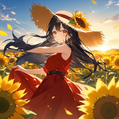 1 girl + HD 8K+ Sunflower field + summer + atmosphere + backlight ++ one hand adjust straw hat + beautiful features + beautiful + black long hair + red + gold beautiful pupil + slip dress + skirt + watching the audience + dynamic + wind floating