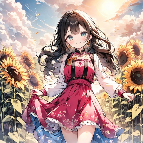 On a sunny afternoon, a lovely girl was standing in a field of golden sunflowers. Her bright smile seemed to radiate a warm glow. Her eyes twinkled with innocence and curiosity, and her soft, curly brown hair blew gently in the wind. She wore a pink dress, the hemline flapping with her movement. Around her, sunflowers swayed in the sun, as if to greet her. The picture is full of life, warmth and good atmosphere.