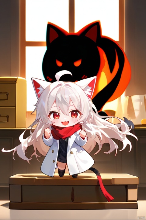 masterpiece,best quality,(nendoroid:1.4),(strong rim light),(intense shadows),(light and shadow:1.2),full body,cartoon, (minigirl),(mature:1.3),cat ears,cat tail,small breasts,white hair,long hair,disheveled hair,hair between eyes,ahoge,red eyes,((white round eyebrows)), (white overcoat:1.2),(red scarf),nose blush,(grin),fangs,(kawaii:1.4),standing on table,indoors,