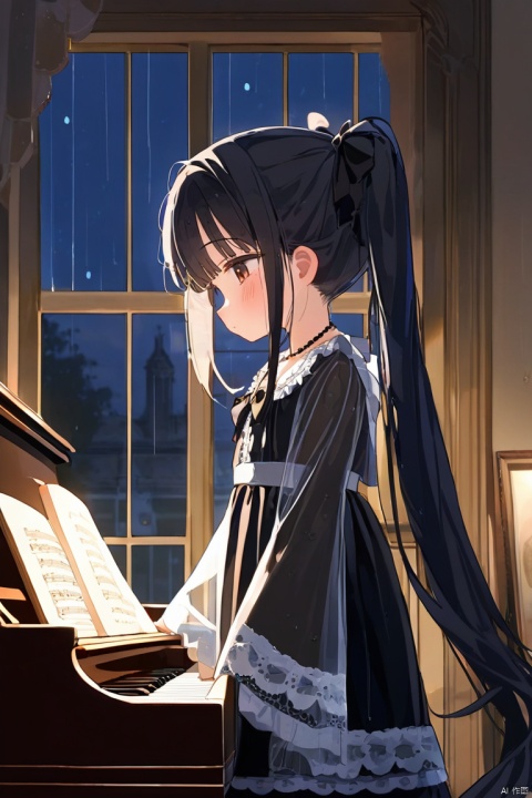 1girl, loli, blush, long hair, black hair, straight hair, twintails,
gothic lolita, lolita dress, see-through, wide sleeves, small breasts, bow, layered dress, lace, necklace, ribbon,
black pantyhose, 
from side, standing, looking at viewer, full body, expressionless, close-up, tying hair, dress lift,
piano, indoors, big window, sash, moonlight, rain,
[butterfly:0.8],
masterpiece, best quality, blurry background, depth of field, 