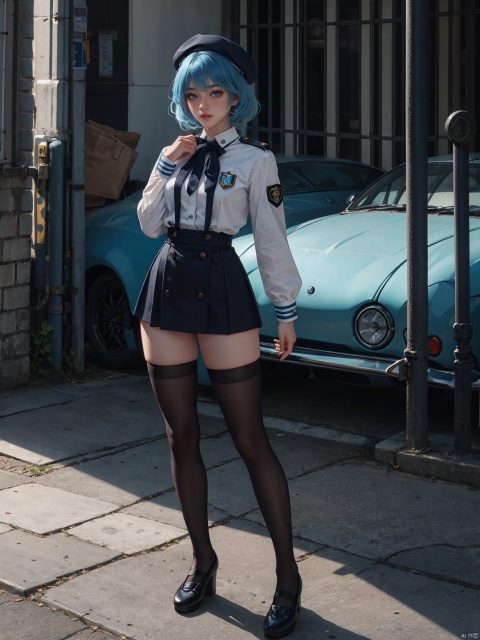 1 girl + Beret + short light blue hair + detailed face + different eyes +jk uniform + black stockings+standing+Mary Jane shoes