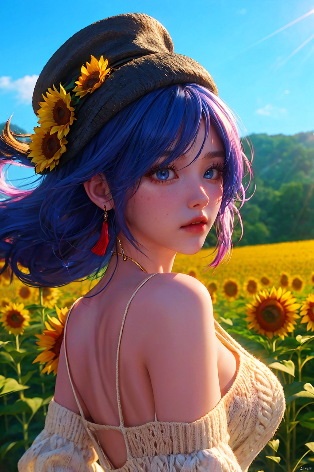 Hd 8K+ detailed face + slip dress + audience + dynamic + fluttering in the wind +shenhe,genshin impact,1Girl,solo,long hair,(headwear:1.3),blue eyes,looking at the wind audience,tassel earrings,hair covering oneeye,bangs,virgin_killer_sweater+ sunflower field + summer + atmosphere + backlight + one-hand adjustment hat + detailed face + strap dress + audience + dynamic + fluttering in the wind +,无, 3D, shenhe