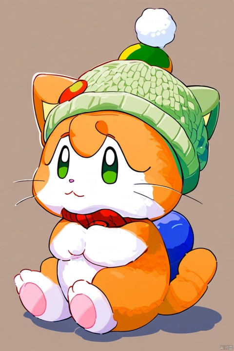 A cute cat dressed up wearing a knit yoshi hat