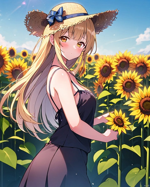 1girl, solo, looking at the audience,long hair, looking at viewer, blush, blonde hair, bow, brown eyes, very long hair+ HD 8K+ Sunflower field + summer + atmosphere + backlight ++ one hand adjustment straw hat + beautiful features + beautiful + slip dress + short skirt + looking at the audience, 1girl