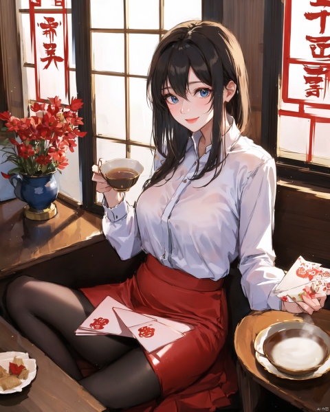 In the atmosphere of the Spring Festival, a realistic girl wearing a glossy black pantyhose with a charming skirt around the buttocks, sitting by the window enjoying the warm smell of tea. She holds a packet of red envelopes filled with blessings and joy in her hands, and shows them to every visiting friend and relative with a smile. Her eyes revealed the expectation and longing for the New Year, and the whole picture was full of aesthetic and hopeful atmosphere. At this special moment, she turned the warmth and blessing into the taste of a cup of milk tea, which made everyone happy and happy,无