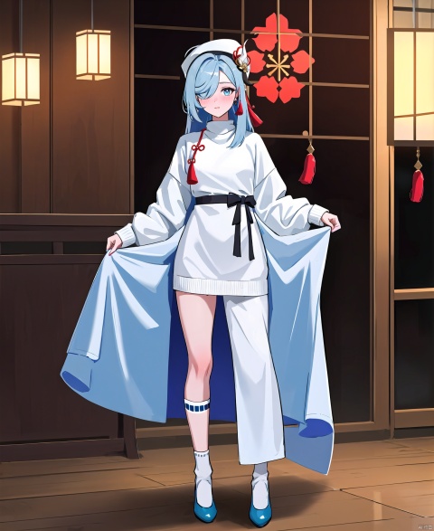 shenhe,genshin impact,1Girl,solo,long hair,(headwear:1.3),blue eyes,looking at the audience,tassel earrings,hair covering one eye,bangs,virgin_killer_sweater, white glossy socks + Mary Jane shoes + blush + indoor+standing+full body, shenhe,无